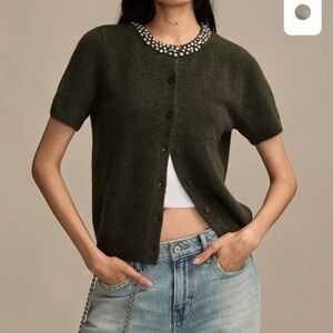 Lucky Brand Olive Green Embellished Collar Cardigan